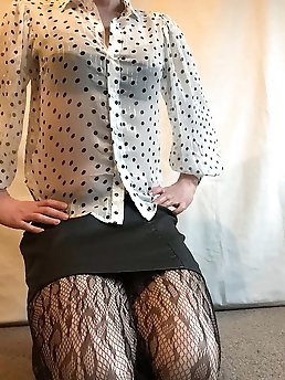 Leatherette skirt and see through shirt