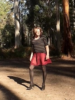Road trip with a crossdresser on a windy day at the picnic table